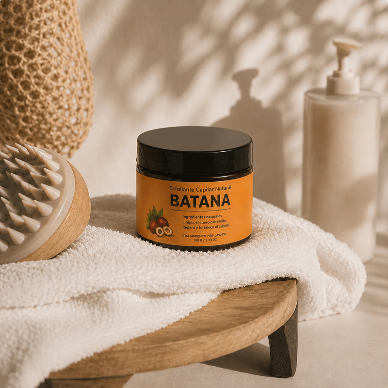 Envase de Batana Aura junto a la toalla