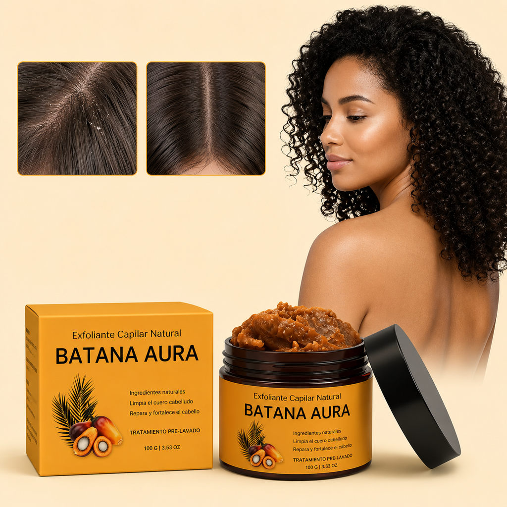 Envase de Batana Aura con imágenes ilustrativas de cuero cabelludo