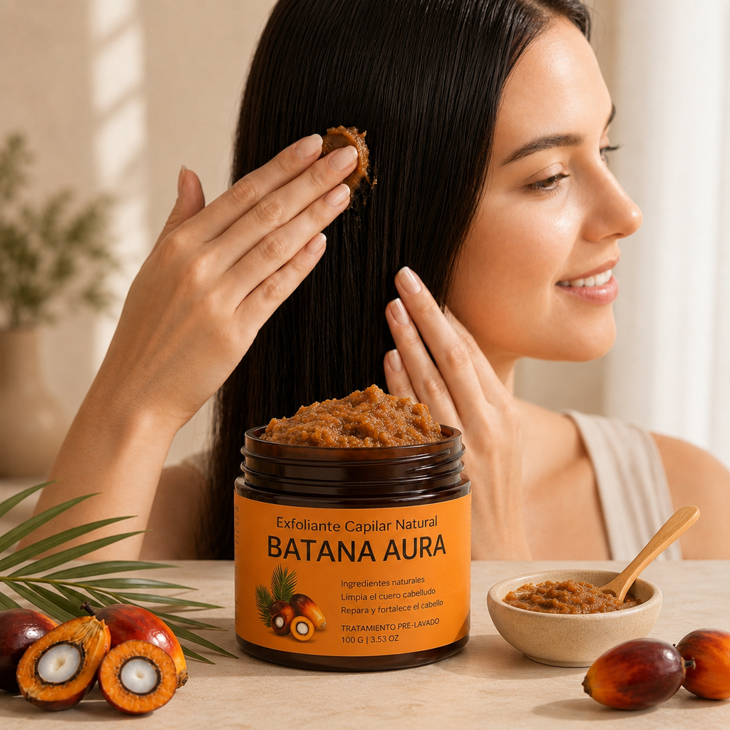 Aplicación del exfoliante Batana Aura en el cabello