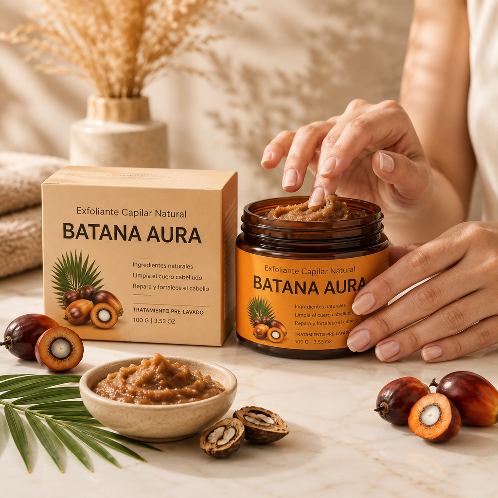 Caja y tarro de Batana Aura con frutos de palma batana