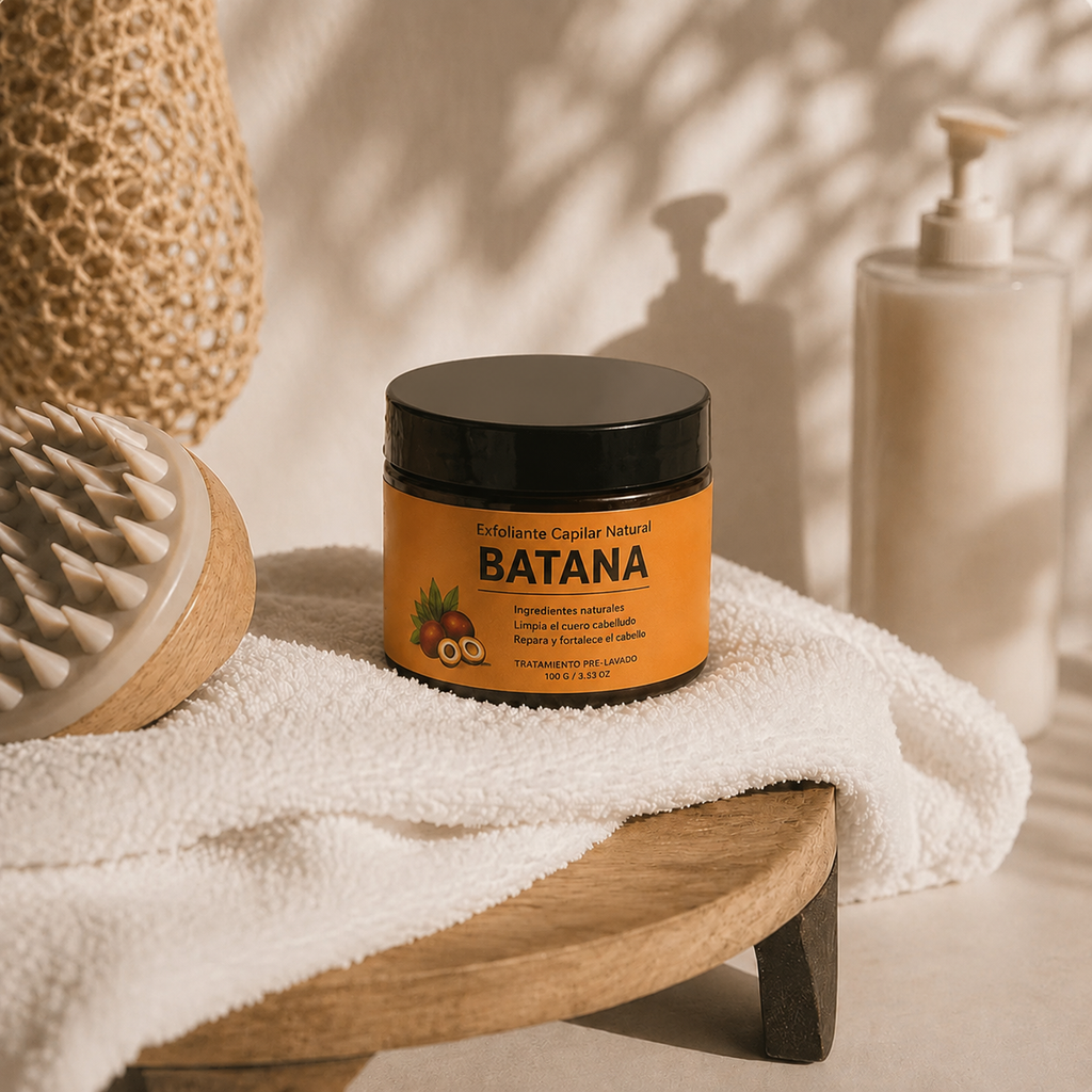 Exfoliante Capilar Batana Aura 100 g junto a cepillo de silicona y toalla